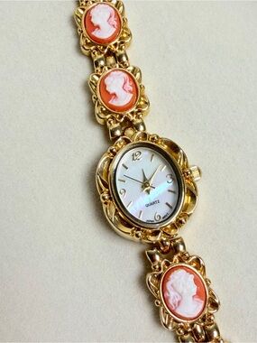 Vintage Gold and Coral Cameo Bracelet Watch
